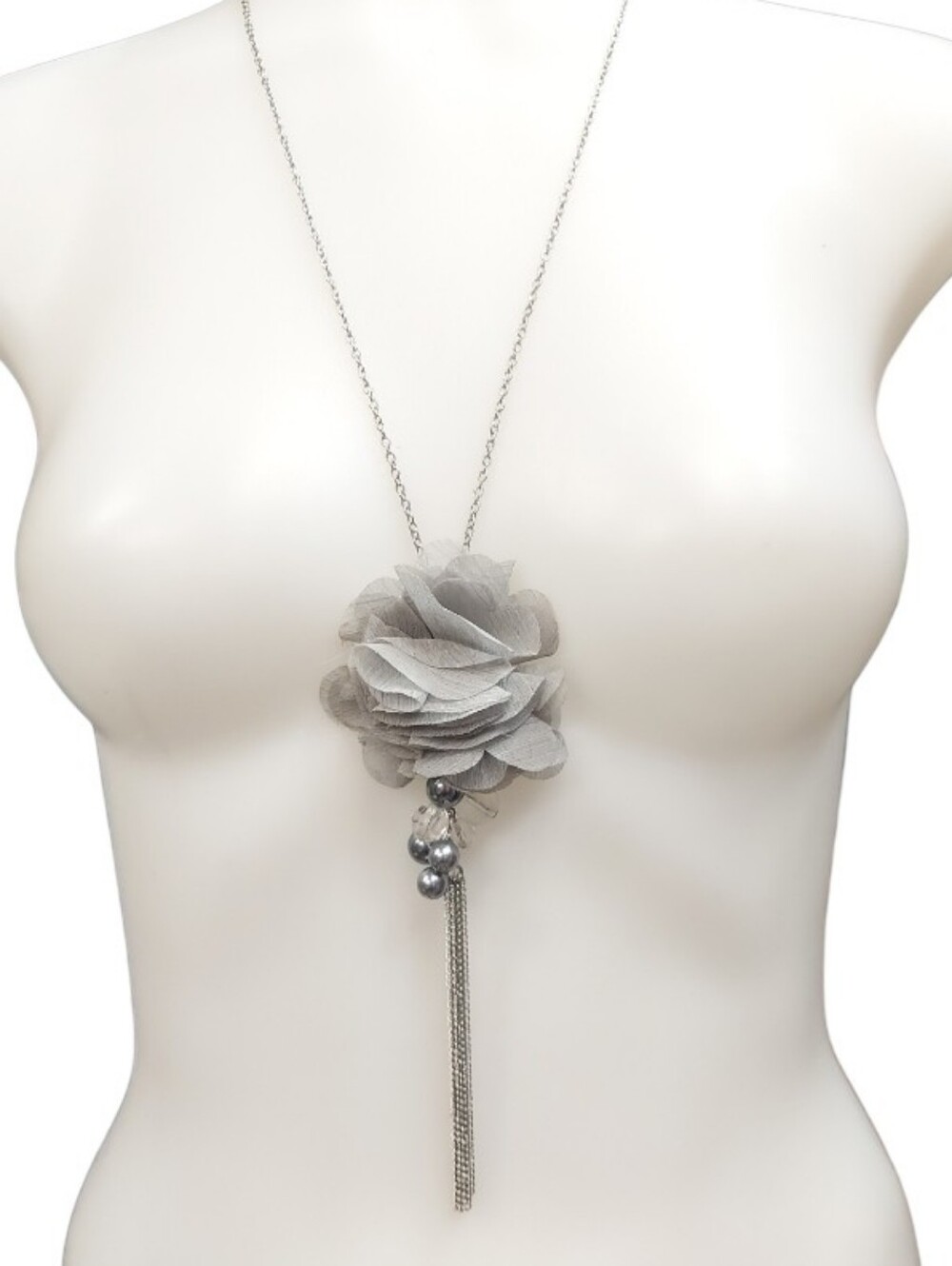 N490 Elegant Gray Chiffon Tassel Pendant Necklace with Pearl & Chain Accents